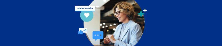 A woman is working at a desk on a laptop. Surrounding her are social media icons including a heart, a thumbs-up with "+1", and a speech bubble.