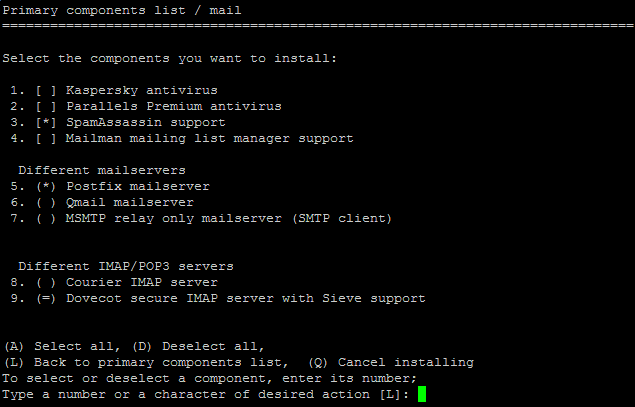 Dovecot component in Parallels Installer interactive console interface